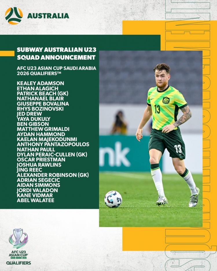 北青:澳大利亚U22队24人名单有4人旅欧,澳超金靴值得重点提防